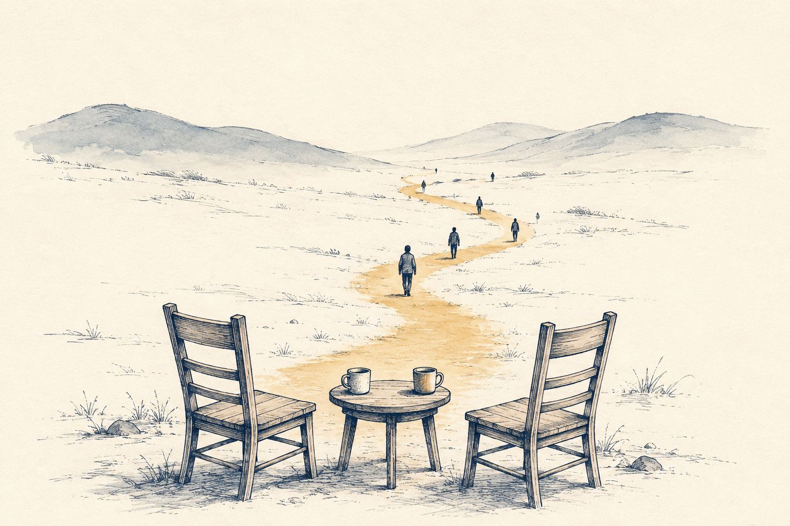 Ink-and-watercolor illustration: two chairs angled in conversation, a winding gold path behind them leading through soft hills