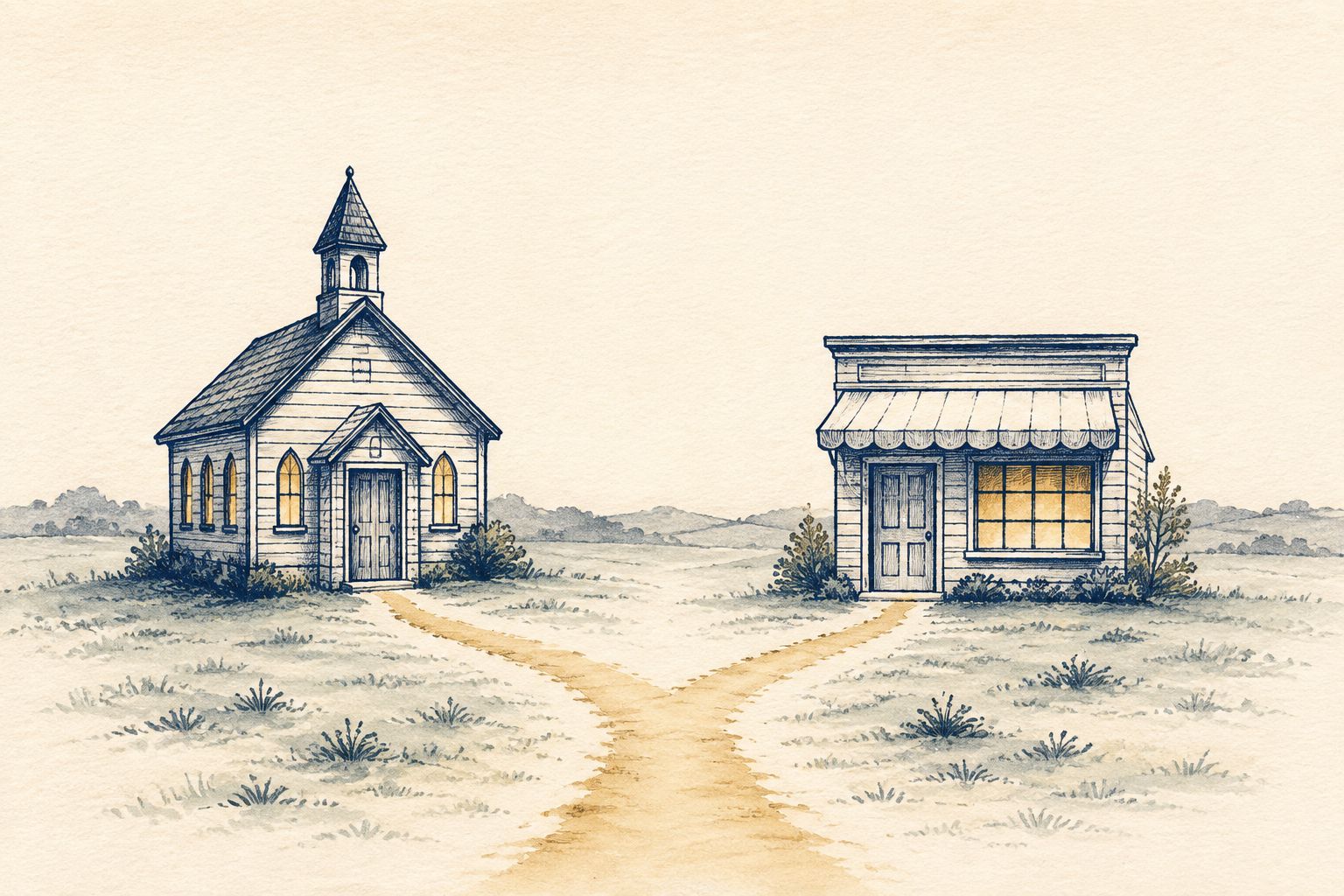 Ink-and-watercolor illustration: a small chapel and a small storefront side by side, a gold path forking to each door