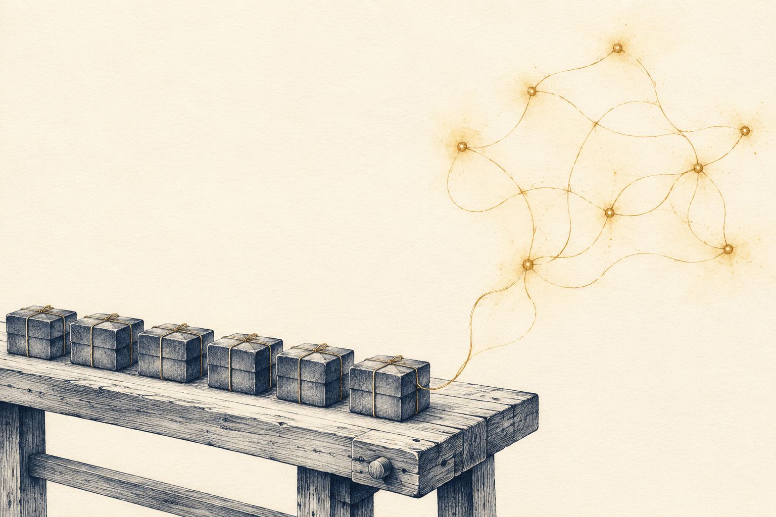 Ink-and-watercolor illustration: a workbench of identical finished project boxes, a single gold thread escaping to weave a living web of connections