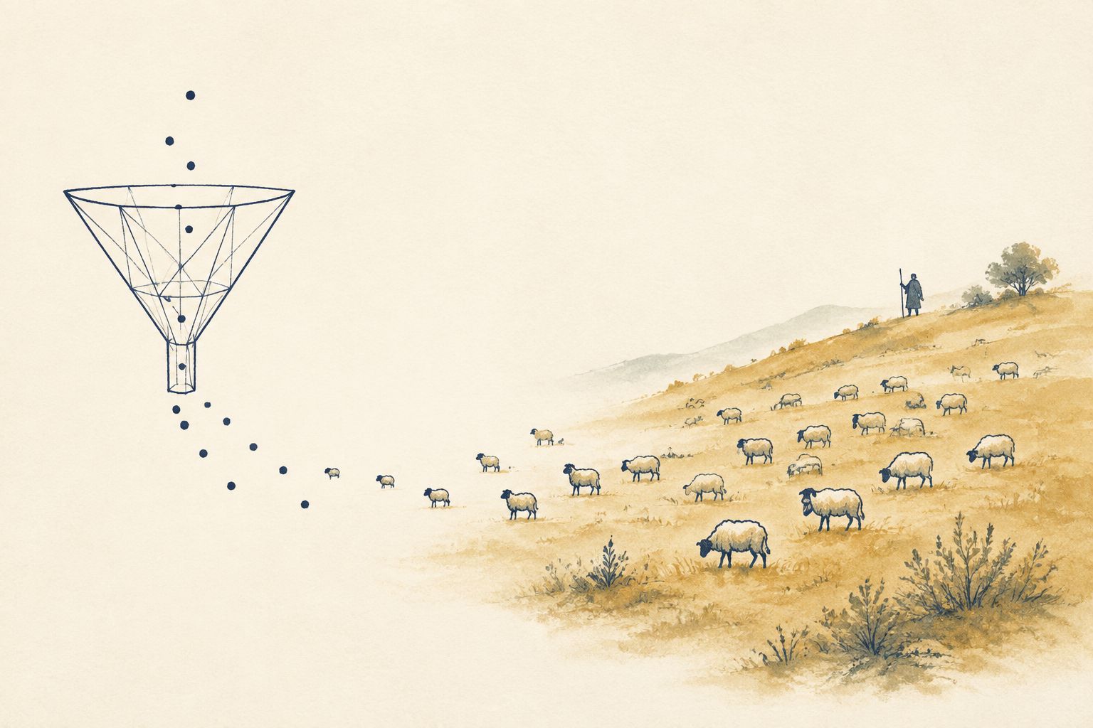 Ink-and-watercolor illustration: anonymous dots falling through a cold funnel transform into a warm flock of sheep on a gold hillside, tended by a distant shepherd