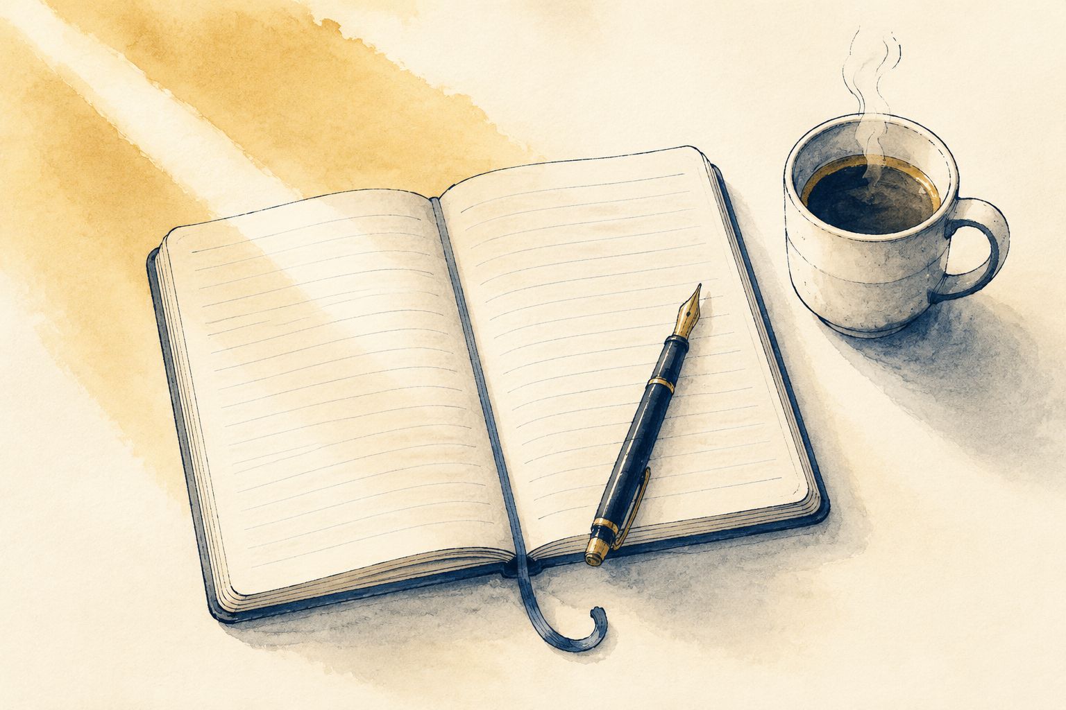 Ink-and-watercolor illustration: a quiet Friday-morning desk with an open journal, fountain pen, and coffee in warm gold light