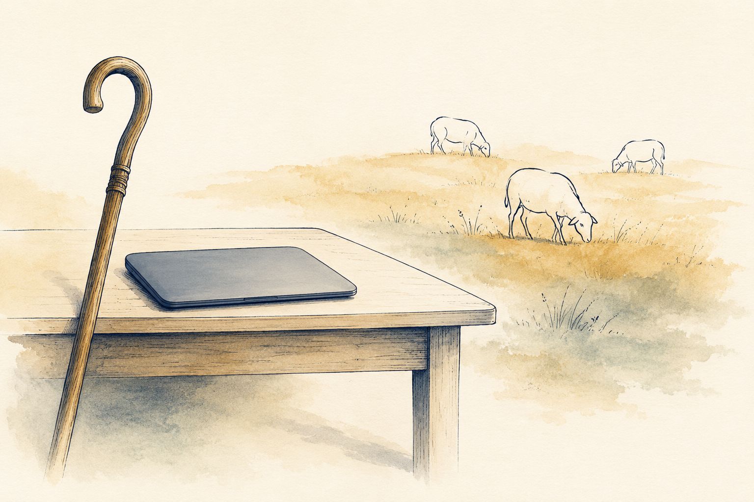 Ink-and-watercolor illustration: a wooden shepherd's staff leaning against a modern desk with a closed laptop, sheep grazing into an open pasture beyond